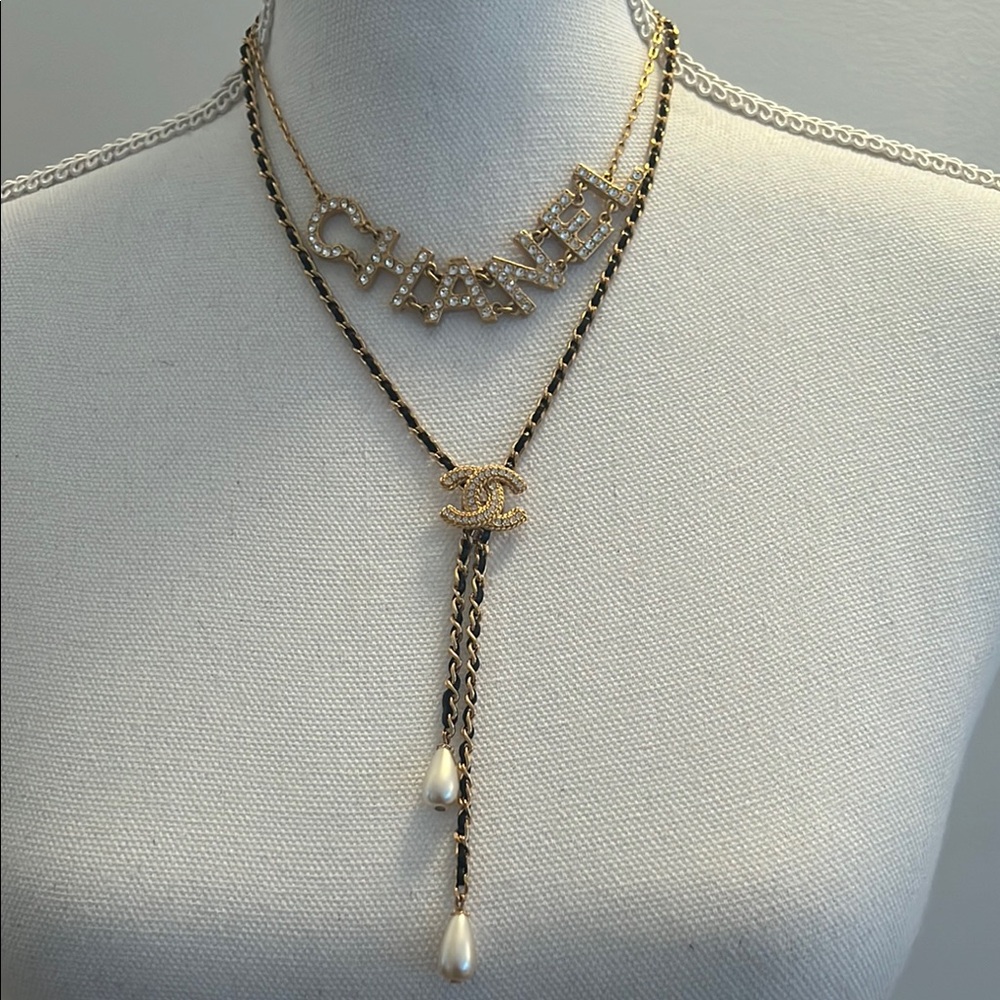 Chanel Double Necklace Rhinestone Chanel and Gold and Black Leather Necklace - Picture 6 of 8